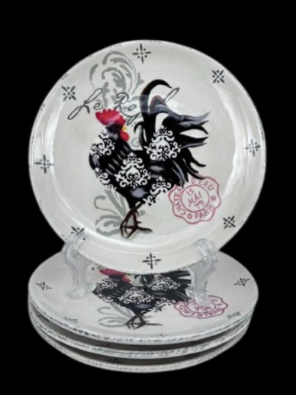 Damask Rooster by Certified INTL Jennifer Brinley Stoneware 8" Plates Set of 4